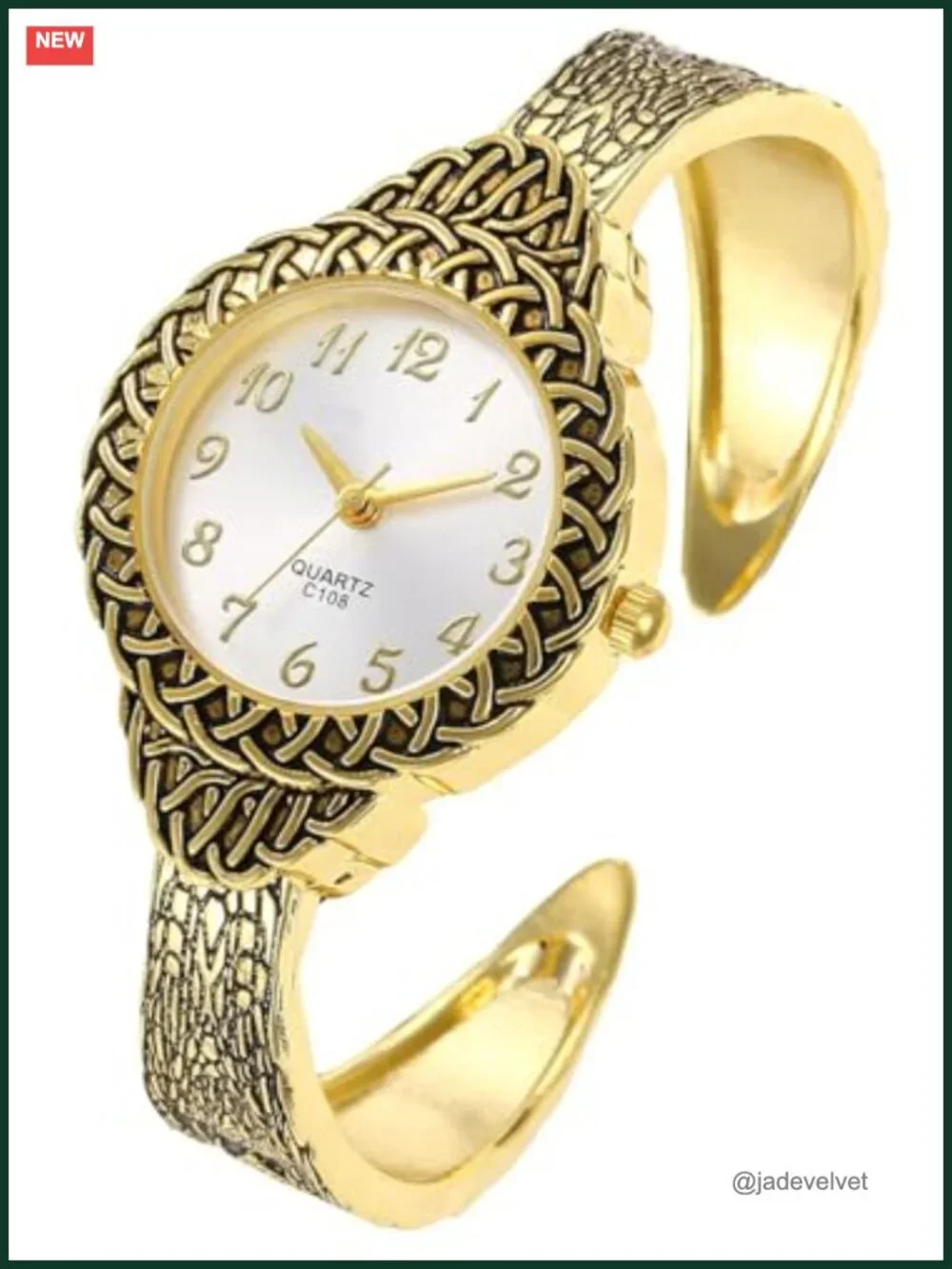 Women Vintage Cuff Bracelet Watch Quartz Arabic Numerals Stainless Steel